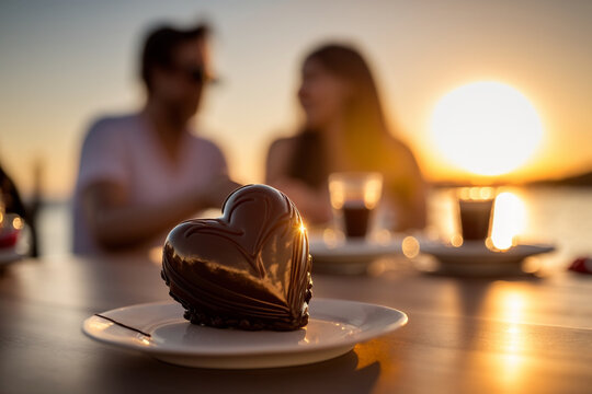 A chocolate heart on the table and in the blurred background a couple enjoying a sunset.