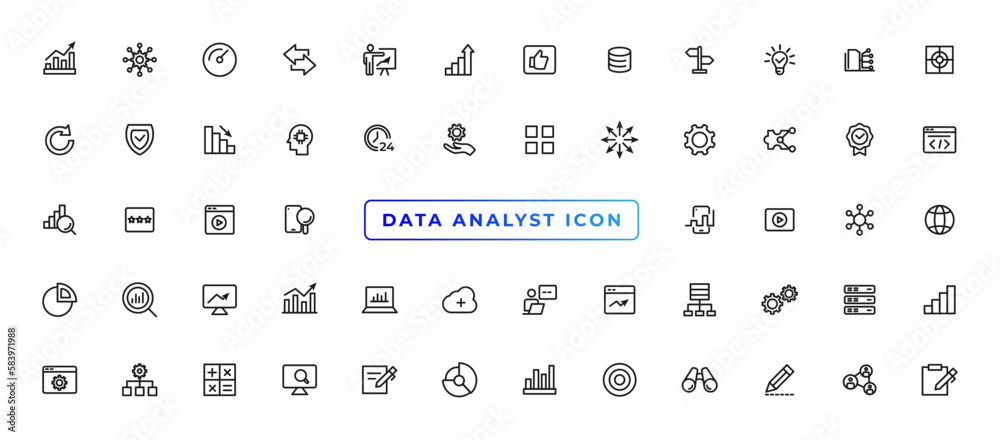 Poster data analytic thin line icon set. data analysis editable stroke icons. data analytics, mining, optim