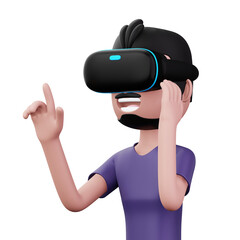 Happy man using virtual reality headset, Cute cartoon character with VR, 3d rendering