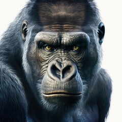 Photo of a medium bluish gorilla with yellow eyes sitting waiting looking straight ahead