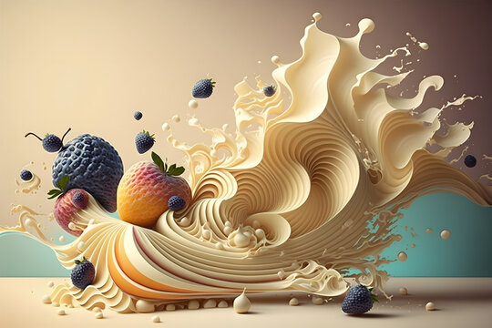 Fruits in milk splash. Fractal waves. Abstract background. Food design. Generative AI technology.. Generative AI technology.