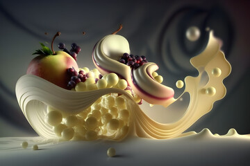 Splash of milk with fruits and berries. 3d rendering. Generative AI technology.