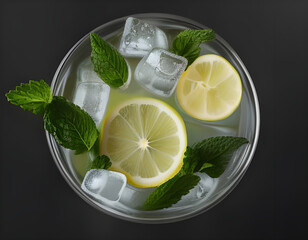 Lemoniada z cytryną i lodem, mięta . Ilustracja wygenerowana przy użyciu AI - obrazy, fototapety, plakaty