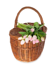 Bouquet of pink tulips in a basket - 583972905