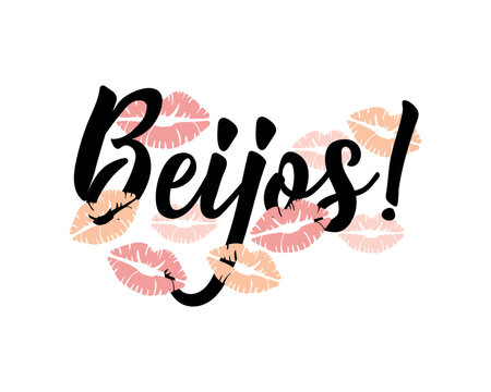 Kisses in Portuguese. Lettering. Ink illustration. Modern brush calligraphy. Beijos