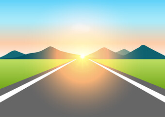 Empty Road with a field and mountain during sunrise or sunset. Vector Illustration.