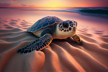 Sea Turtle Journey: Crawling towards the Ocean. AI Generated