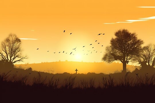 Background of thanks giving concept: Silhouette cross and birds flying on meadow autumn sunrise. Generative AI