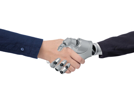 Businessman hand with cyborg prosthetic arm shaking hands with young businessman isolated on transparent background, 3d render and png file