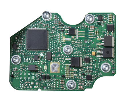 Green printed circuit board with transistors and microchips to control various devices