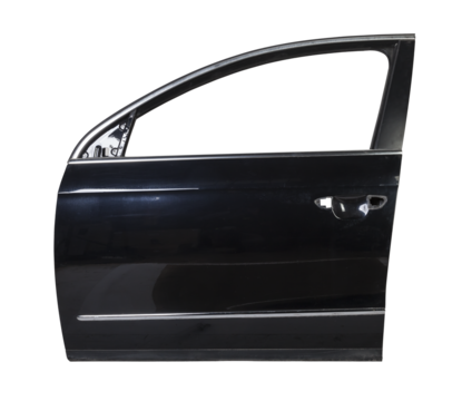 The black front door of the car on a white isolated background. Body repair of vehicles in a service workshop.