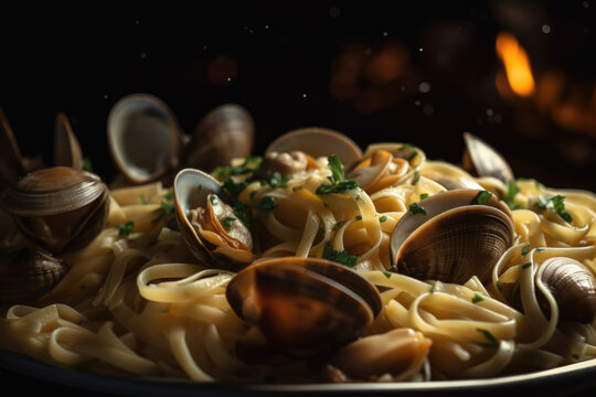A delicious pasta with clams in white wine garlic sauce. in close-up. A food picture for catering, recipe, and menu.