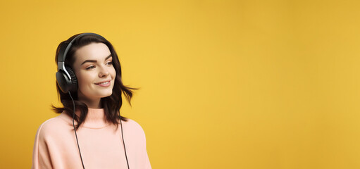 Beautiful young brunette woman in big headphones headset listening to music and smiling. Wide banner with copy space generative ai