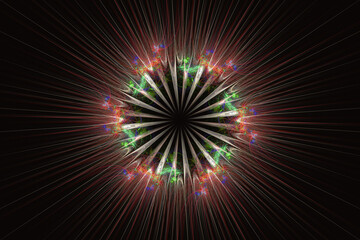 Red green floral pattern of crooked rays on a black background. Abstract fractal 3D rendering