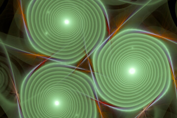 Green swirling triple pattern of crooked waves on a black background. Abstract fractal 3D rendering