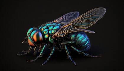 Realistic Detailed 3d fly on Black Background .Generative AI.