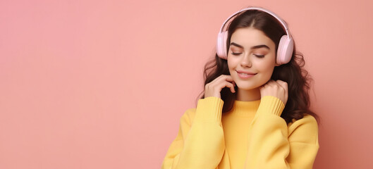 Beautiful young brunette woman in big headphones headset listening to music and smiling. Wide banner with copy space generative ai