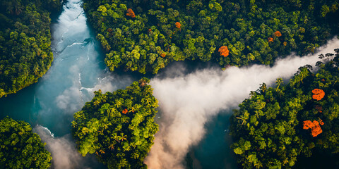 Aerial view of a tropical rainforest. Clouds of fog over a river in the jungle. Generative AI