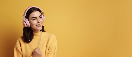 Beautiful young brunette woman in big headphones headset listening to music and smiling. Wide banner with copy space generative ai