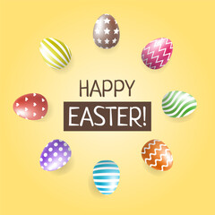 Happy Easter sign and realistic 3d eggs of different colors ornaments. Vector design.	
