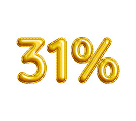 31% or Thirty-one Percent 3D Gold Balloon. You can use this asset for your content Marketing like as Promotion, Advertisement, Ads,  Banner, Flyer, Discount Card and anymore.