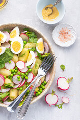 Fototapeta na wymiar Spring salad with baby potatoes, radishes, farmer organic eggs and green peas and herbs, seasoned with olive oil, mustard sauce, balsamic and lemon. Spring vegetarian diet, clean healthy lunch