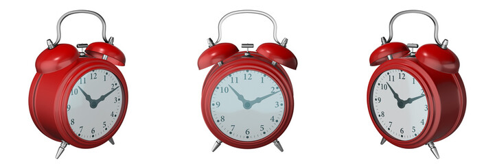 vintage alarm clock on transparent background, left, front and right view (3d render)