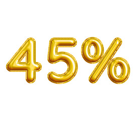 45% or Forty-five Percent 3D Gold Balloon. You can use this asset for your content Marketing like as Promotion, Advertisement, Ads,  Banner, Flyer, Discount Card and anymore.