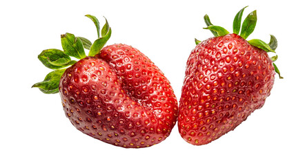 two red strawberry with drops, isolated on transparent png, collection, cut out.