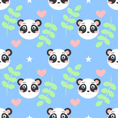 panda pattern with pink cheeks on a blue background with eucalyptus leaves and hearts for children