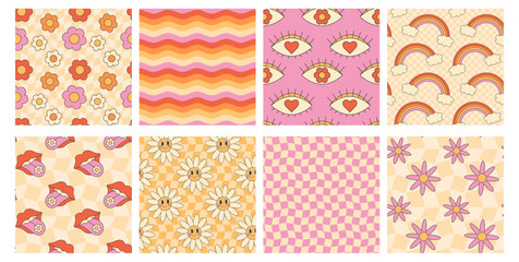 Retro groovy hippie seamless pattern set. Seamless abstract geometric pattern. Floral background. Rainbow, daisy, flower, checkerboard, mouth, tongue, wave