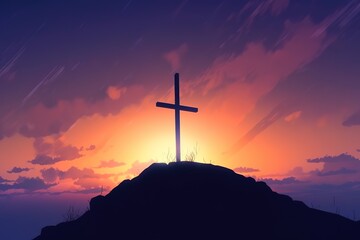 Good Friday concept: cross with sunset in the sky background. Generative AI