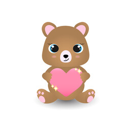 Cute brown teddy bear with pink heart. Vector animal
