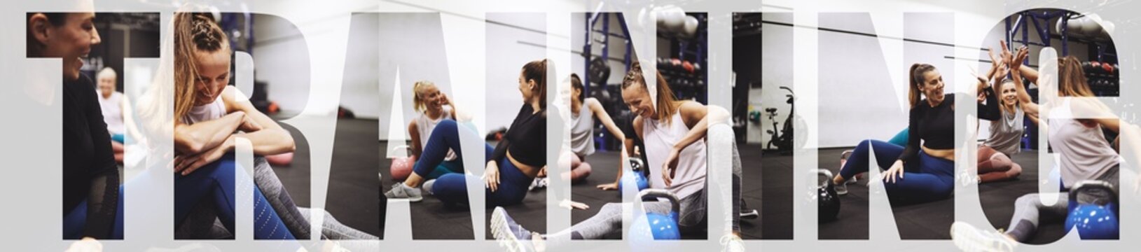 Laughing group of fit women sitting in a gym
