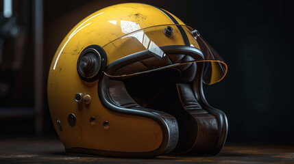 Fototapeta premium Old yellow helmet on the table in the garage.generative ai