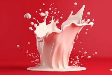  a splash of milk on a red background with bubbles in the air.  generative ai - obrazy, fototapety, plakaty