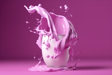  a pink liquid splashing out of a glass on a pink background.  generative ai