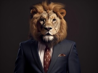 Lion in costume business concept. Portrait of lion businessman. Generative AI.
