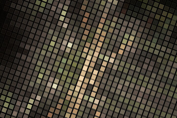 Dark green orange mosaic pattern of small squares on a black background. Abstract fractal 3D rendering