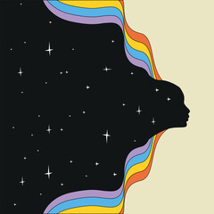 Psychedelic cool vintage background with cosmos, and the face of a cosmic personality. Psychedelic hippie style from the 60s-70s. vector illustration.