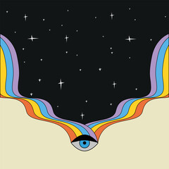 Psychedelic cool vintage background with cosmos rainbow and eye.60s-70s psychedelic hippie style. vector illustration.