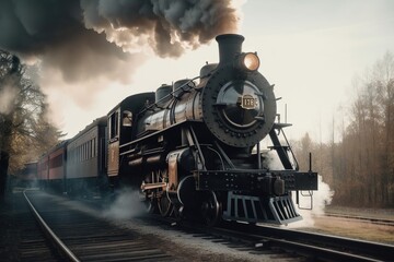 Fototapeta na wymiar a steam engine train traveling down train tracks next to a forest. generative ai