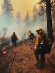 Brave firefighters working with fire in forest. Team of professional fireman helping nature. Generative AI.