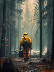 Fireman in protective suits. Team of firefighters working in forest with fire. Generative AI.