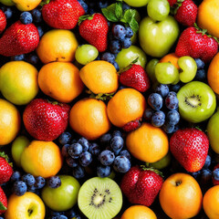 Variety of fresh fruits. Colorful and varied treatment, apples, strawberries, oranges...