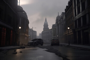 Obraz premium UK streets of London after a military strike. Dramatic scenes of destruction and human loss.