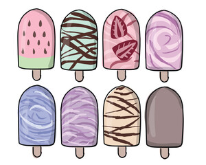 set of delicious multi-colored ice creams with fruits. hand drawn ice creams. sketch on a white background