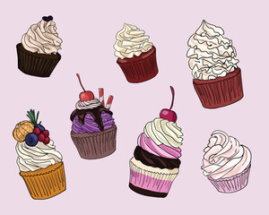 set of delicious colorful cupcakes. hand drawn cupcakes. sketch on a white background