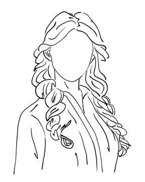 line sketch of a woman with two long braids in a shirt without a face. hand drawn sketch on a white background