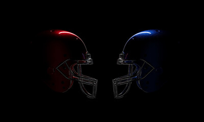Fototapeta na wymiar Red Versus Blue Shiny Metallic 3D Rendered Football Helmet with Dramatic Lighting Effect Over Black Background and Clipping Path